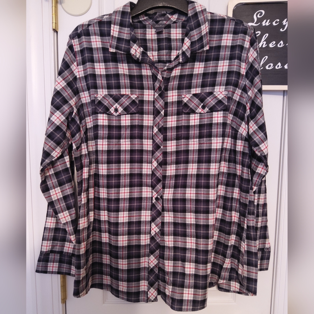 Eddie Bauer Gray and Red Checkered Shirt 2XL